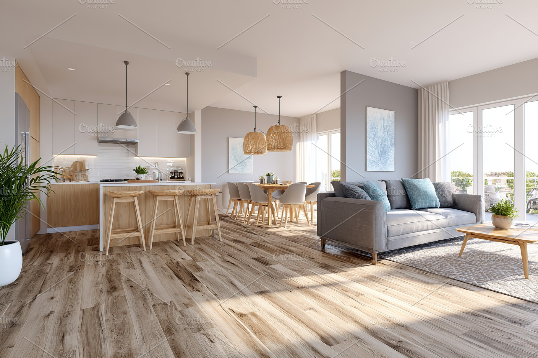 Eco-conscious open floor plan featuring stylish decor in a modern living space, a Photo by AlyaAnd