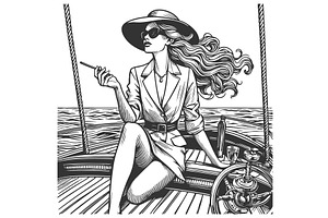 Elegant Woman on Sailboat engraving, a Transportation Illustration by AlexArt