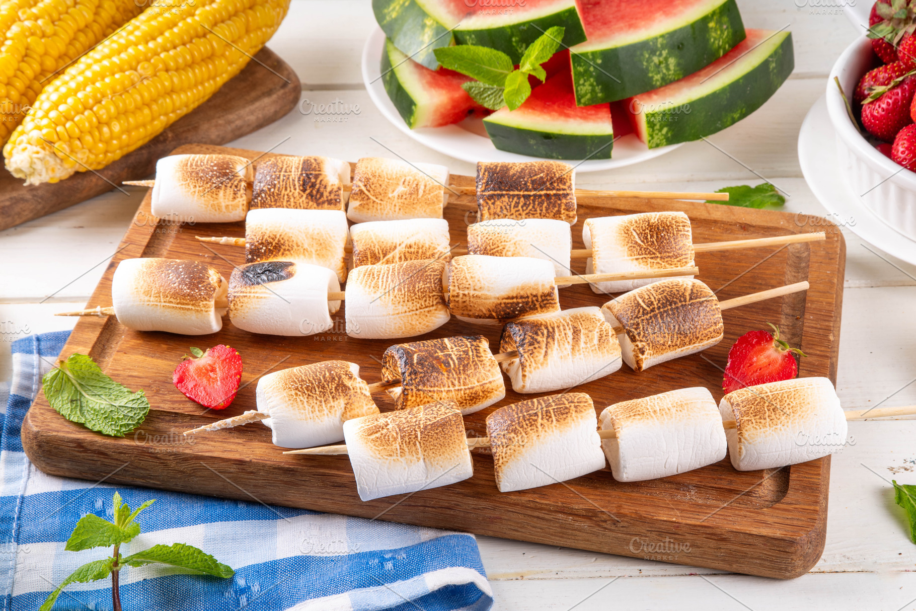 Summer fruit and berry picnic food with marshmallow skewers., a Food & Drink Photo by Rimma