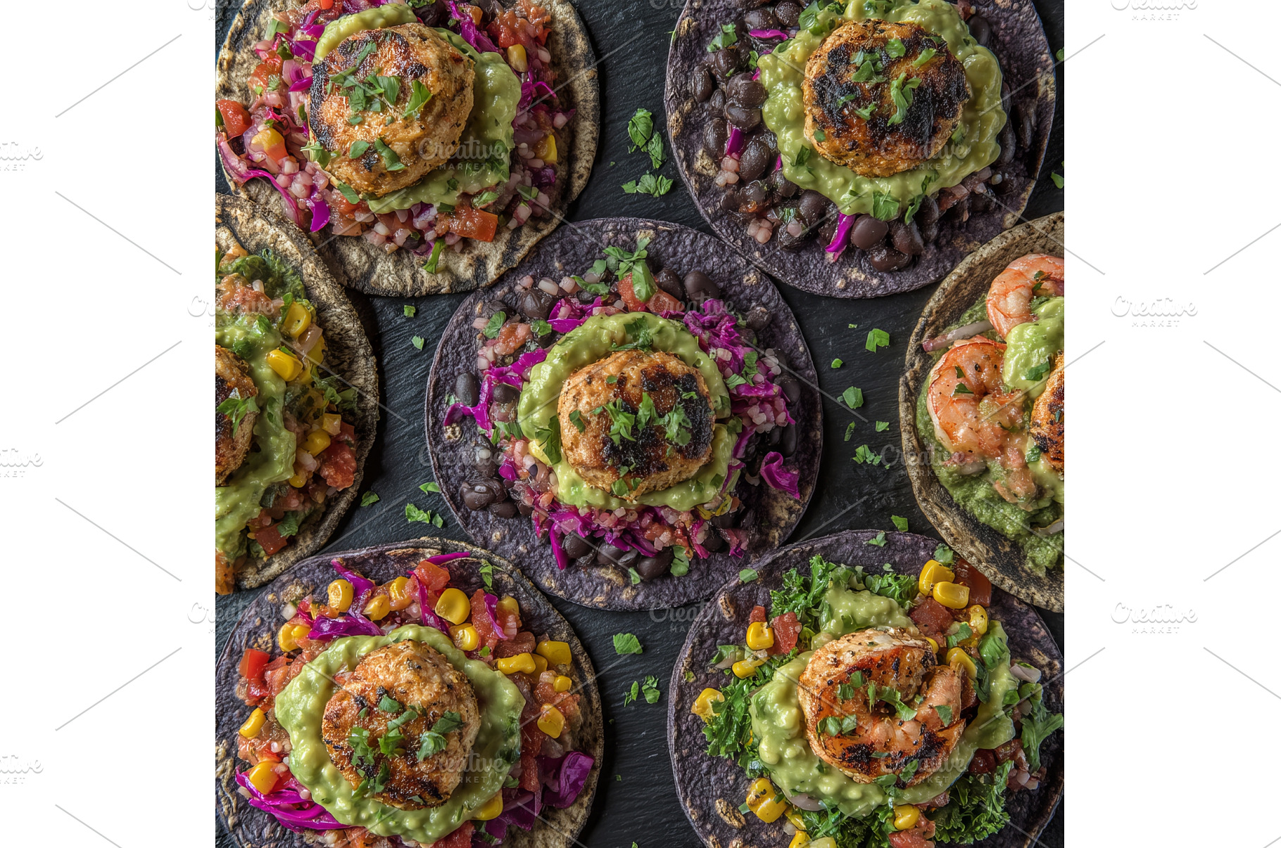 A variety of vibrant poke tacos on a, a Food & Drink Photo by ZinetroN