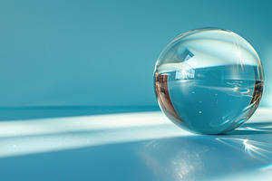 Glossy glass sphere with blue liquid reflection and sunlight fla, an Abstract Photo by José Manuel Gelpi