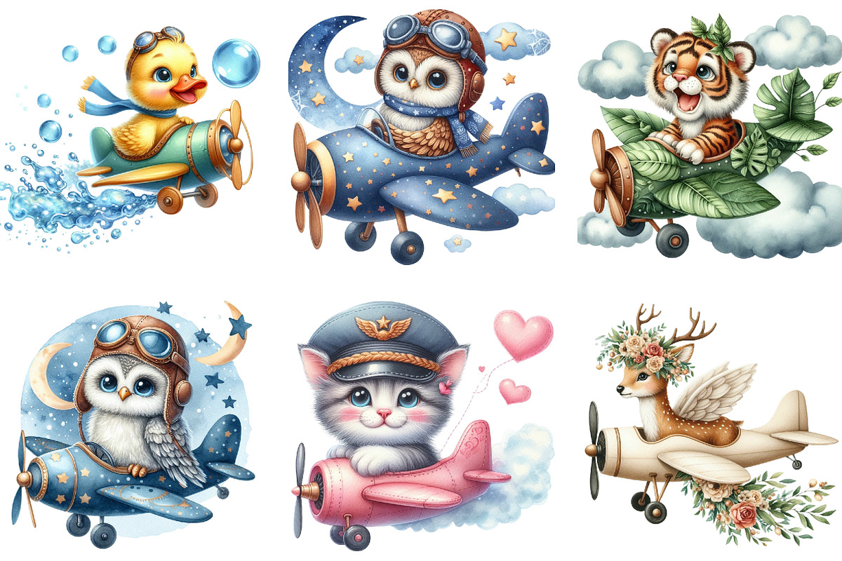 Airplane Watercolor Clipart Cute Ani, an Illustration by DreamArtGraphic (Photo 4 of 4)
