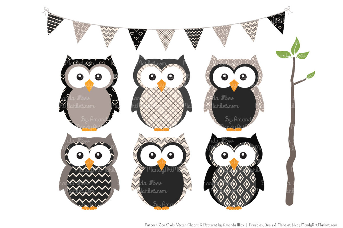 Owls Clipart & Patterns in Black, an Animal Illustration by Amanda Ilkov (Photo 2 of 4)