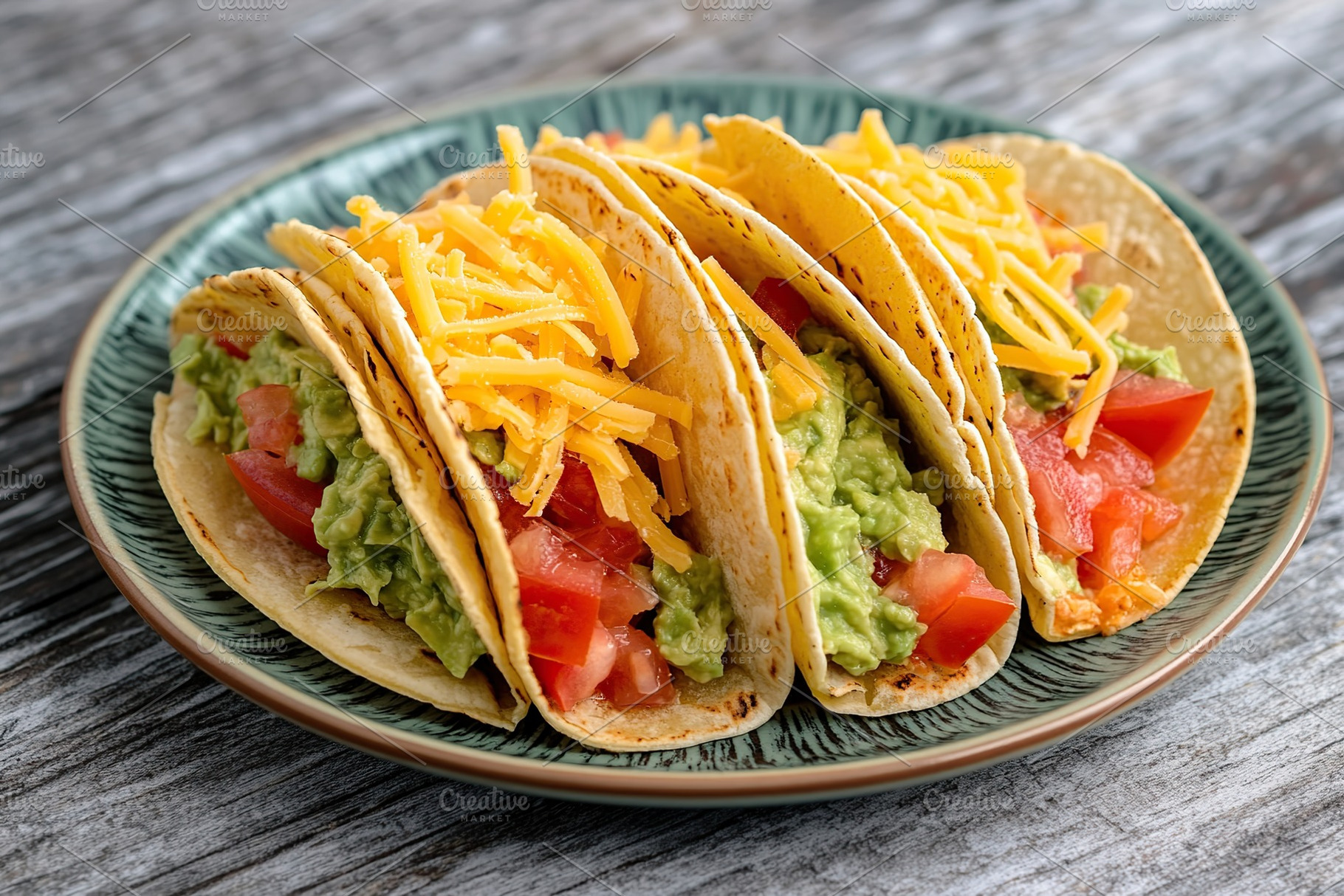 Vegetarian tacos with guacamole, cheese and tomatoes on a plate, a Food & Drink Photo by AlyaAnd