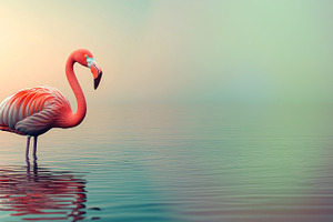 Pink flamingo standing in calm water with pastel gradient sky re, an Animal Photo by José Manuel Gelpi