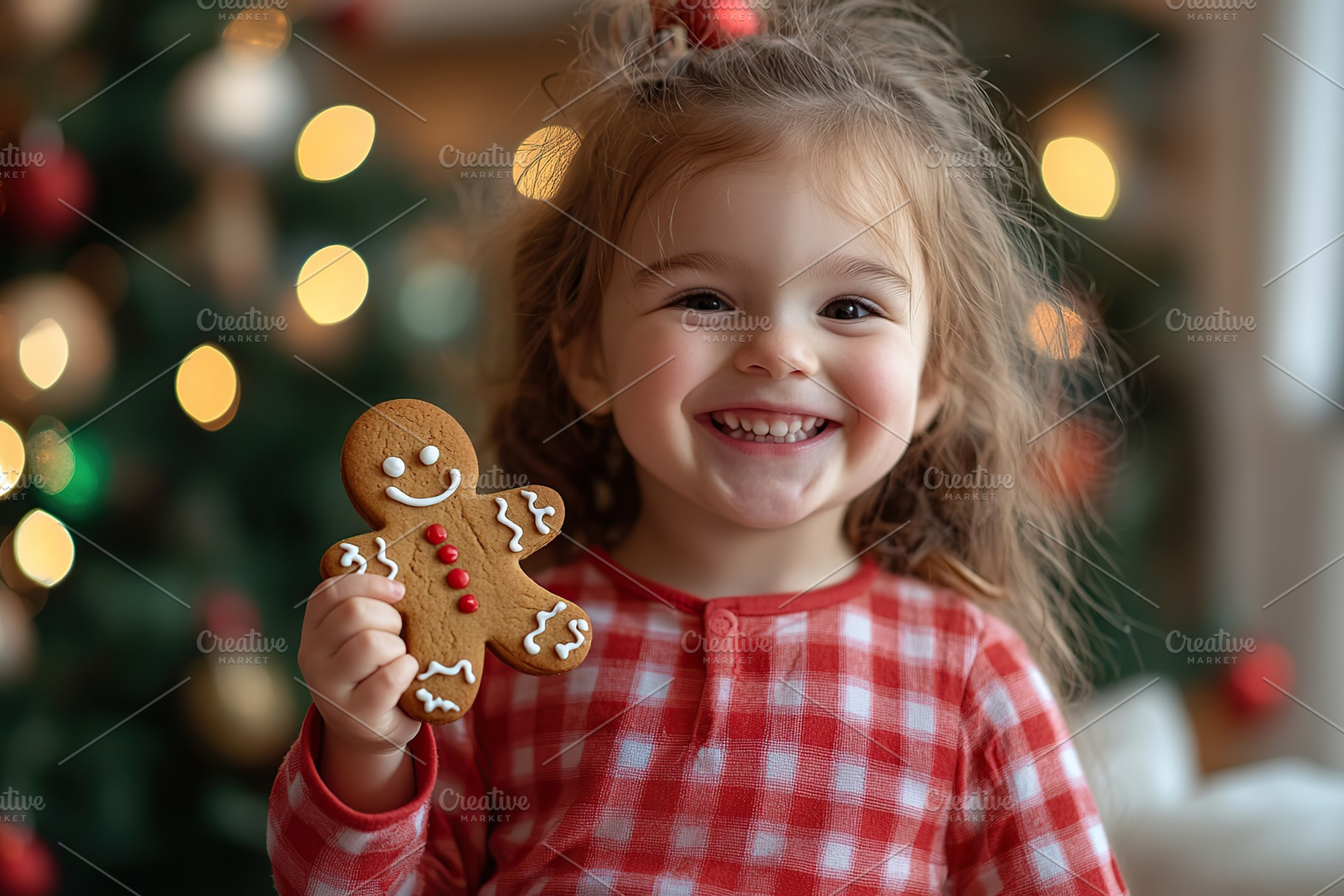 Smiling child girl in checkered pajamas holding gingerbread man cookie on blurr, a Photo by AlyaAnd