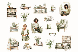 Green Reading Watercolor Clipart