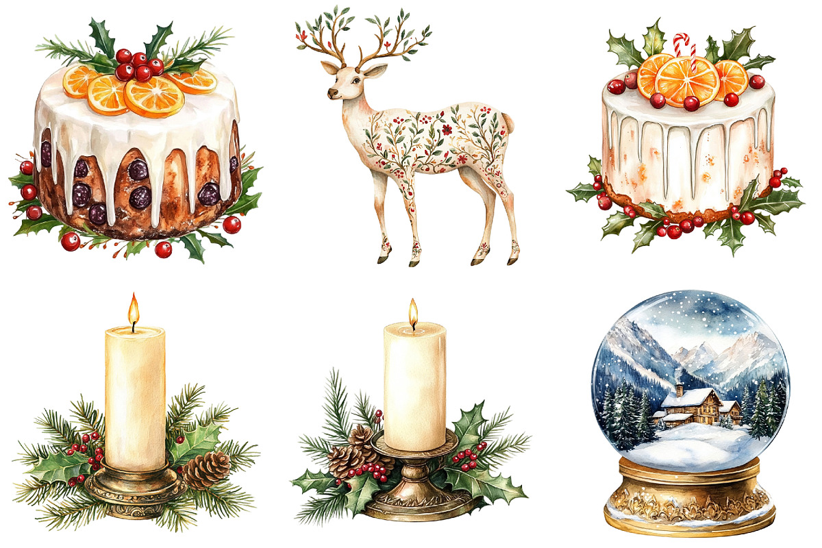 Antique Christmas Watercolor Clipart, a Seasonal Illustration by CitraGraphics (Photo 2 of 6)