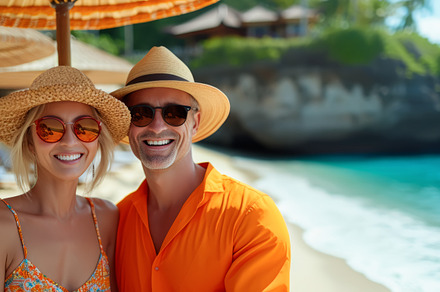 Happy Couple Enjoying a Sunny Beach, a Holiday Photo by angellodeco