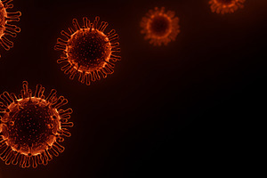 Glowing red virus particles on dark, a Health & Medical Photo by MistyDay