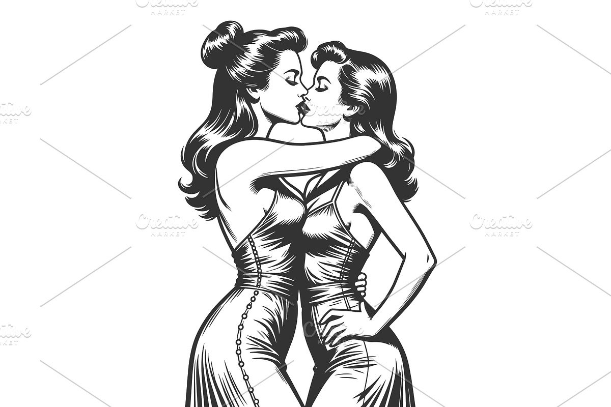 Two Women Kissing engraving vector, a Person Illustration by AlexArt