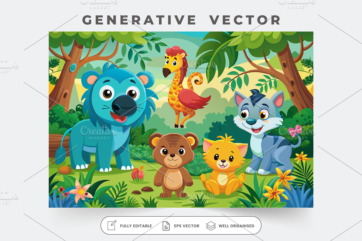 A group of joyful cartoon animals en, a Graphic by Iftikhar Alam