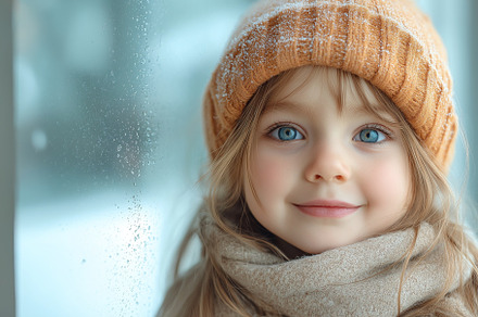 A smiling young girl with blue eyes, wearing an orange knitted hat and a cozy s, a Person Photo by ImageMir