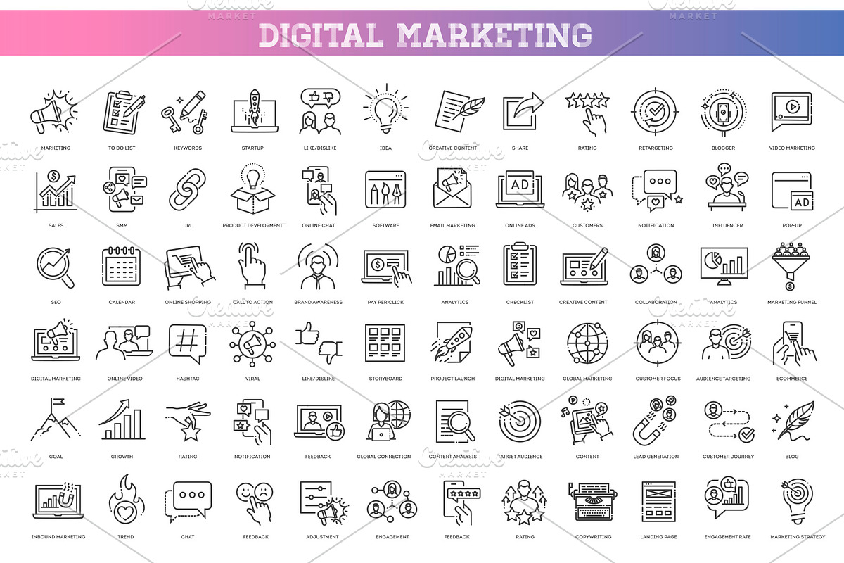 SEO and Digital Marketing line icons, a Technology Illustration by Tettygreen (Photo 1 of 3)