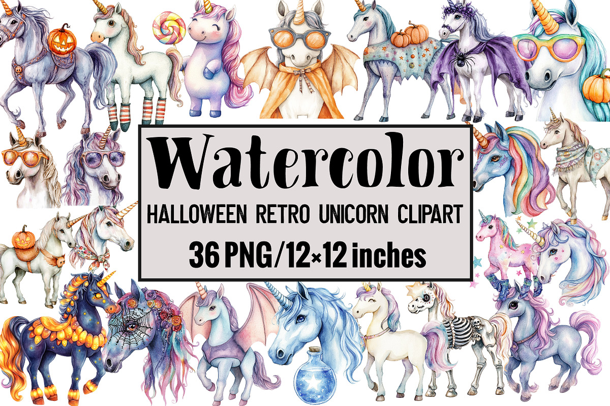 Halloween Retro Unicorn Clipart, an Illustration by Design Market (Photo 1 of 3)