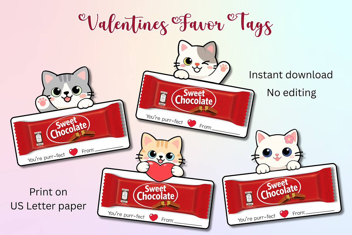 8 Valentine's Cat Favor Tags, a Print Template by Adalin Shop (Photo 1 of 5)