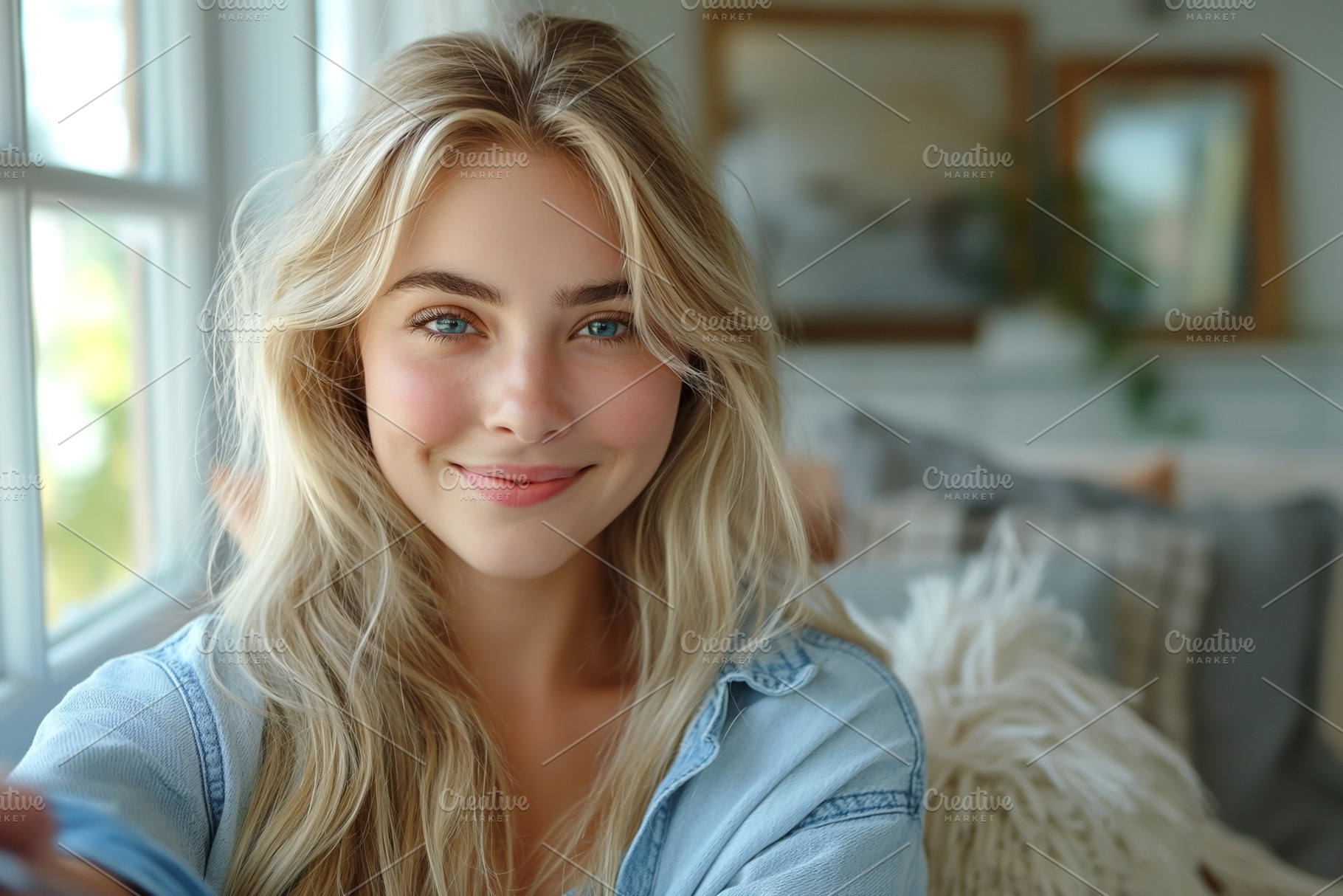 A cheerful young woman with long blonde hair smiles warmly while lounging in a, a Person Photo by ImageMir