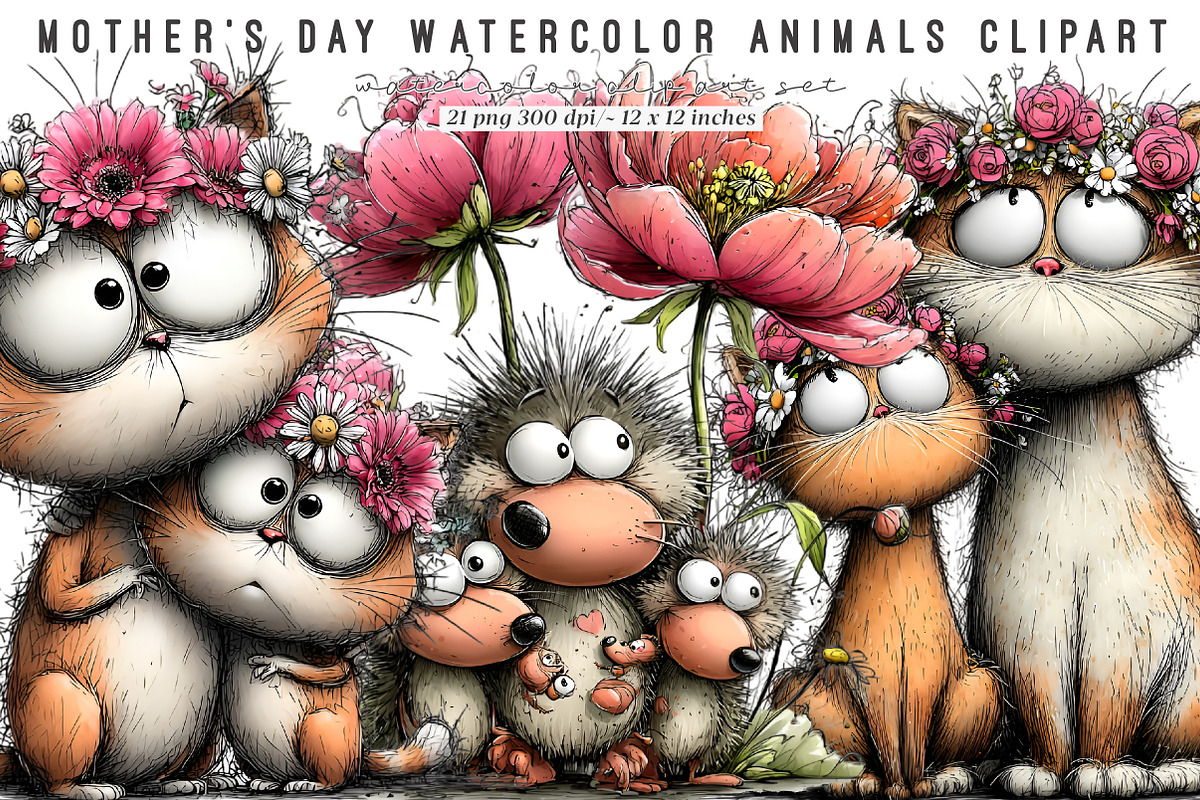 Mothers Day Watercolor Animals PNG, an Illustration by SinaCreation (Photo 1 of 9)
