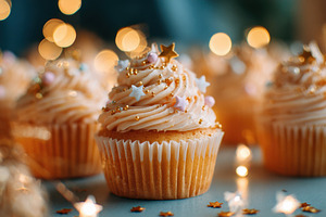 Festive cupcakes decorated for christmas holiday on blurred lights background, a Food & Drink Photo by AlyaAnd