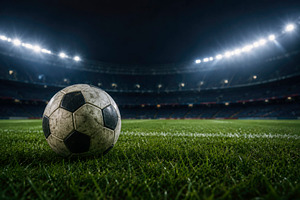 a soccer ball on a floodlit field, generative AI, a Photo by Nito