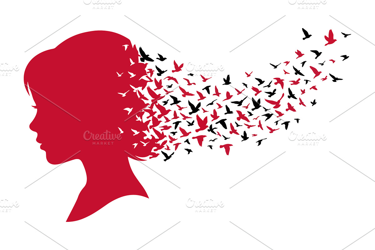 Girl silhouette changing into birds, a Decorative Illustration by nandinigraphics (Photo 2 of 3)