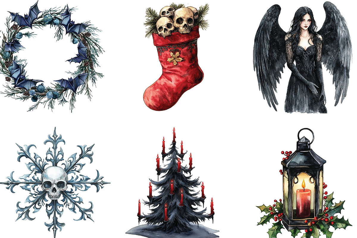 Watercolor Gothic Christmas Clipart, an Illustration by CraftArtStudio (Photo 3 of 6)