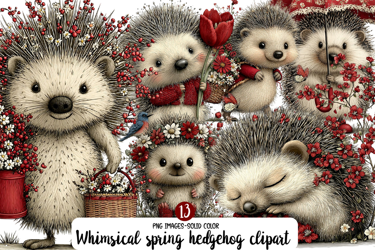 whimsical spring hedgehog clipart, an Illustration by Designworld (Photo 1 of 4)