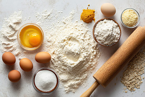 Baking ingredients arranged on a rustic countertop for cooking preparation, a Food & Drink Photo by AlyaAnd