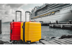 Two colorful suitcases on a dock, an Illustration by Sergey Kotenev