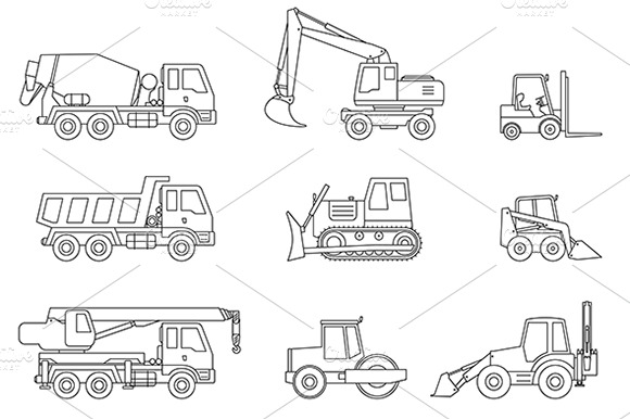 Construction Machines Thin Icons