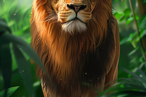 A regal lion stands amongst verdant, a Photo by LOGOCREATIVE