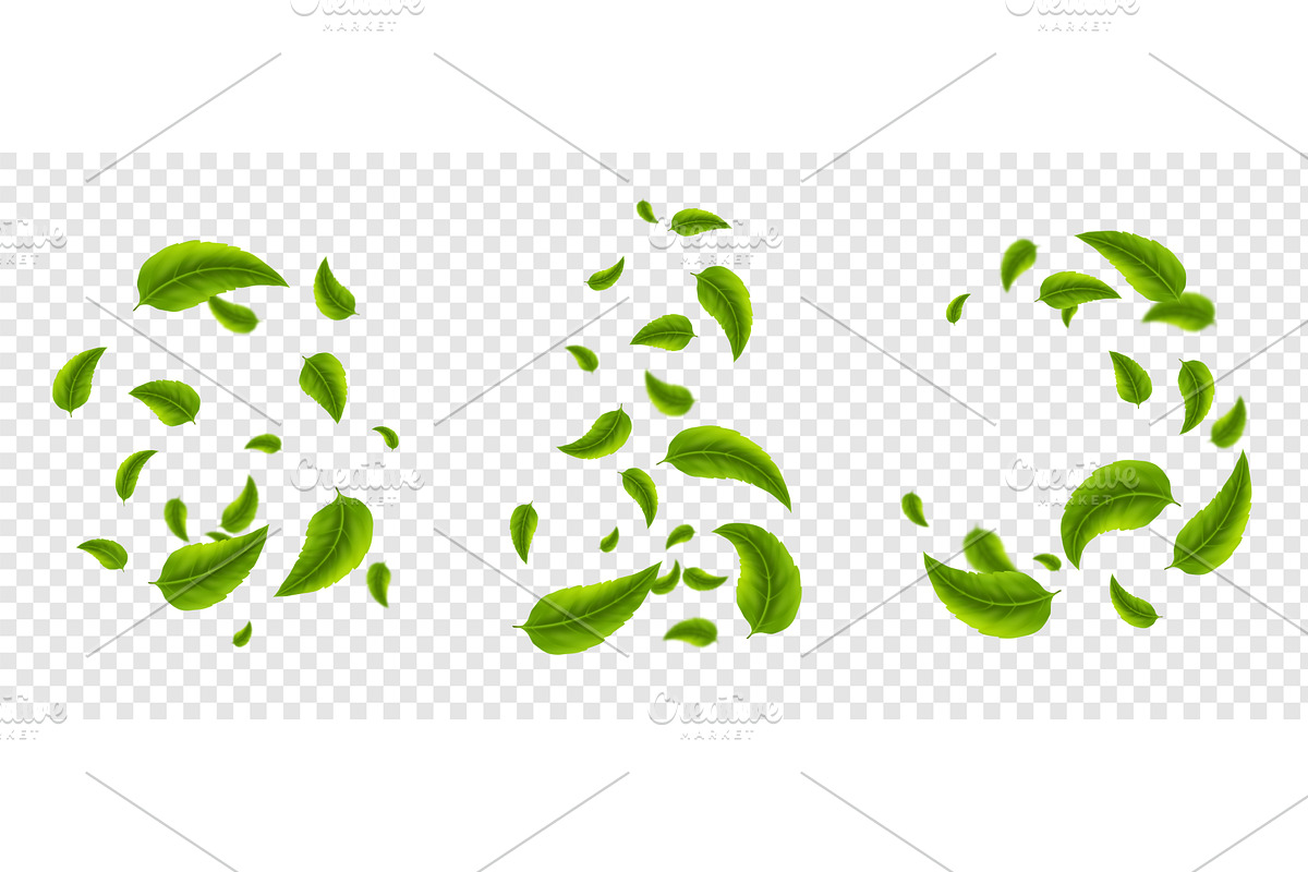 Green leaves flying, realistic 3d, an Object Illustration by Frogella