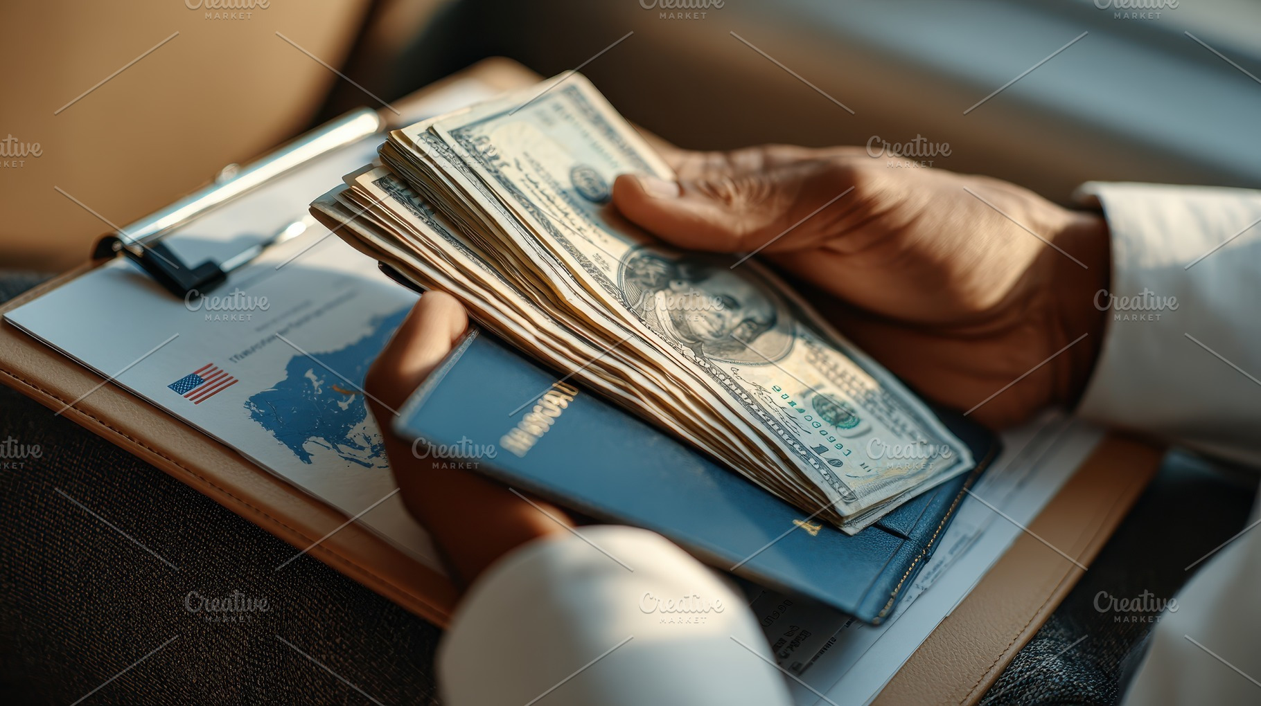 Hands holding cash passport travel d, a Photo by Pixeness Studio
