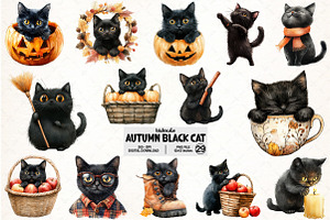 Funny Autumn Black Cat Clipart, an Illustration by Pixels.Craft