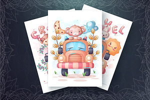 Set Cute Animal In The Car