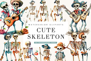 Watercolor Cute Skeleton Clipart