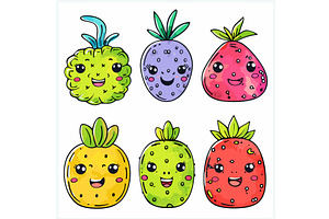 Six Cute Cartoon Fruits Smiling