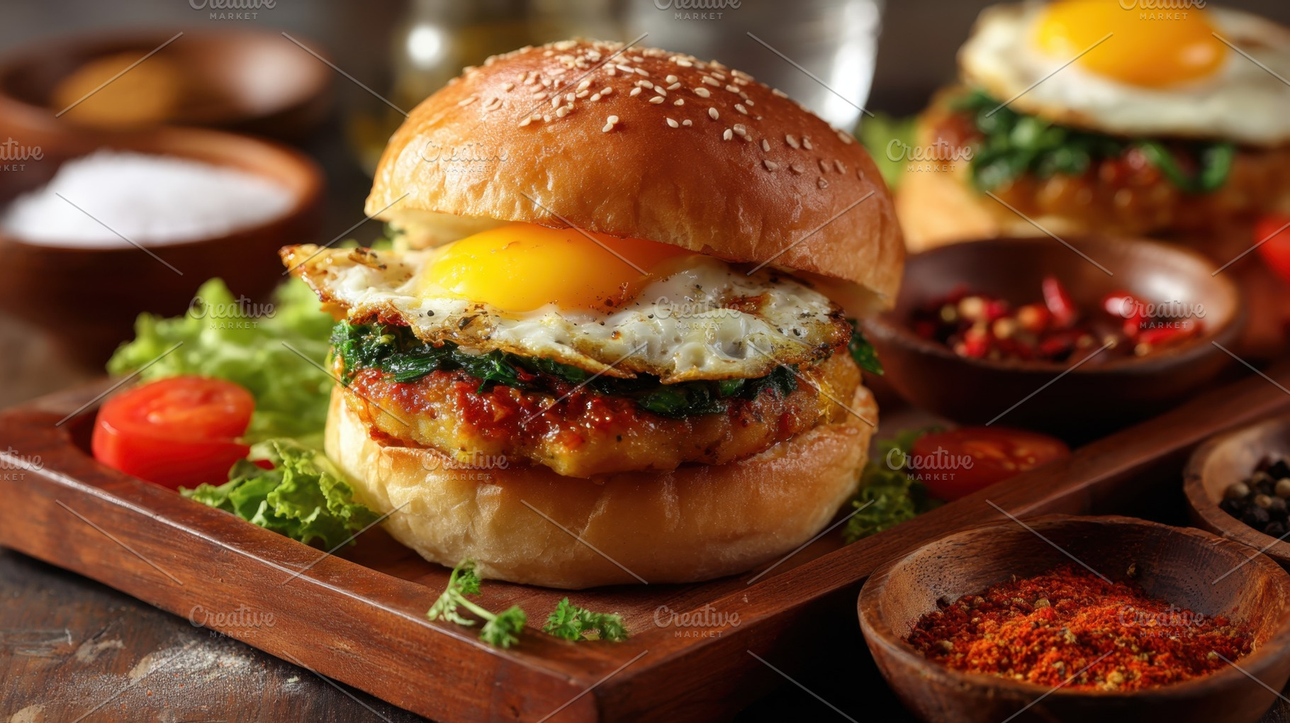Delicious burger with egg and greens, a Photo by Beautiful things