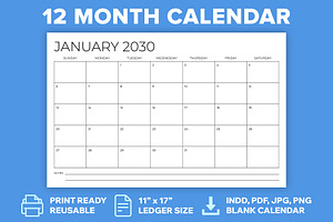 2030 11x17 Calendar Template