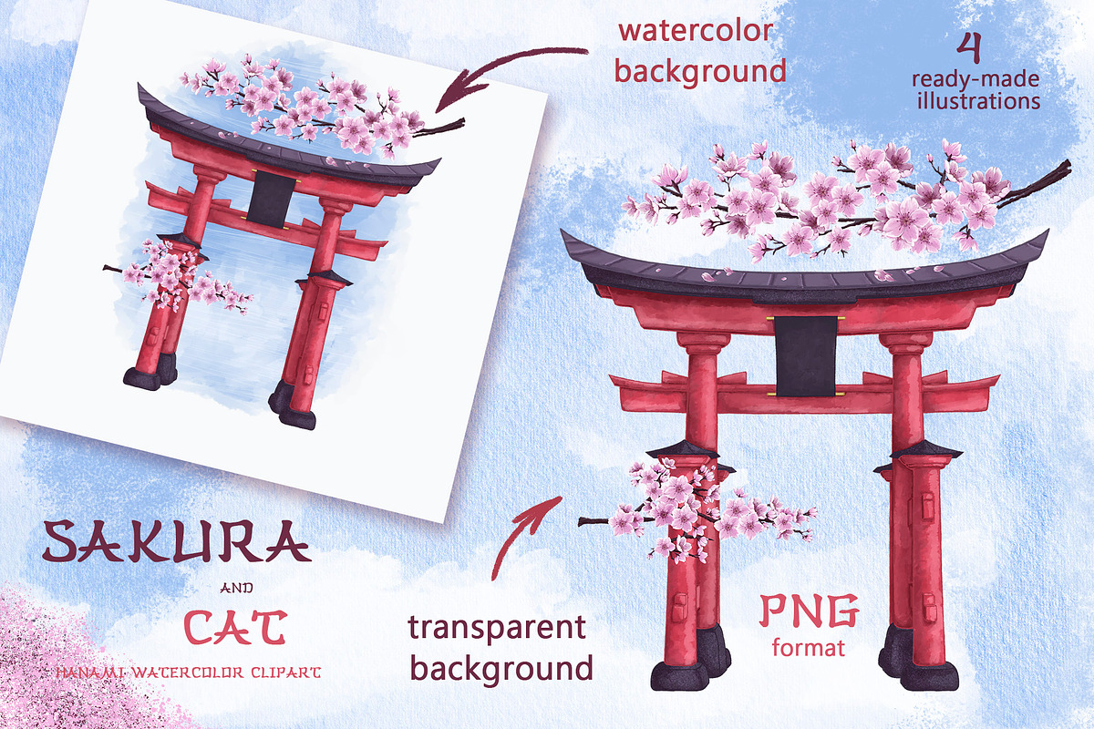 Sakura and Cat. Hanami watercolor, an Illustration by Maycat_store (Photo 3 of 11)
