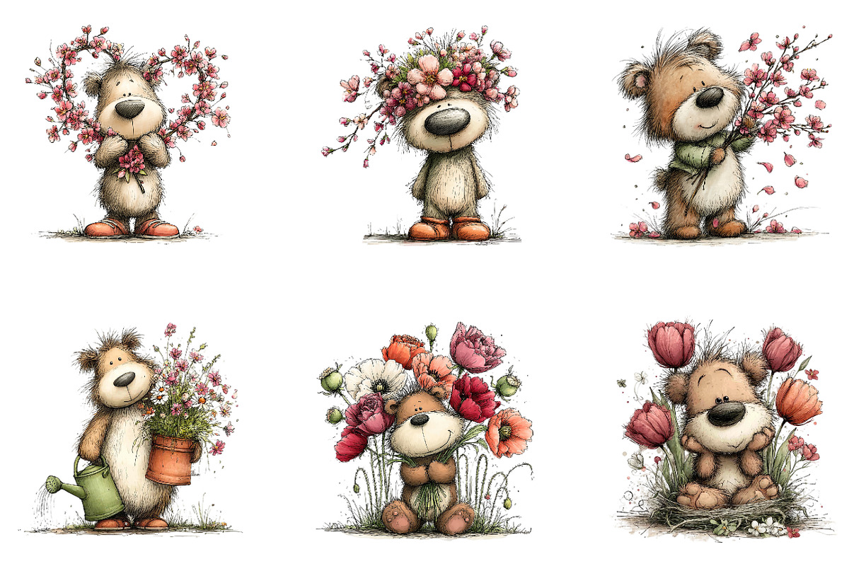 Whimsical Bear Spring Floral Clipart, an Illustration by CreationArt (Photo 2 of 5)