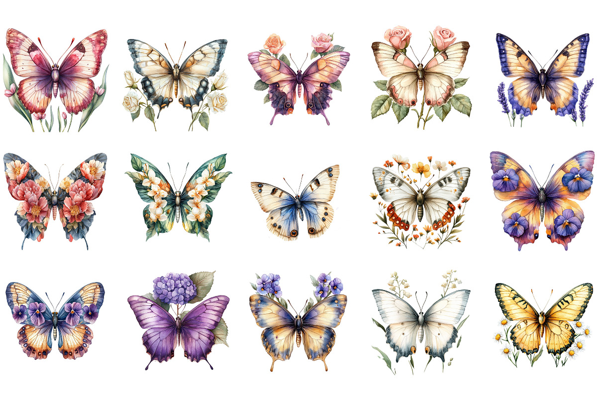Watercolor Floral Butterflies Clipar, an Illustration by Designking (Photo 3 of 5)