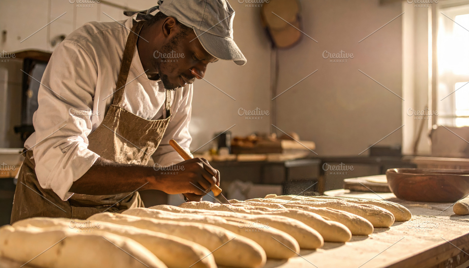 Artisan Baker Scoring Fresh Baguette Dough, a Food & Drink Photo by Davizro's Market