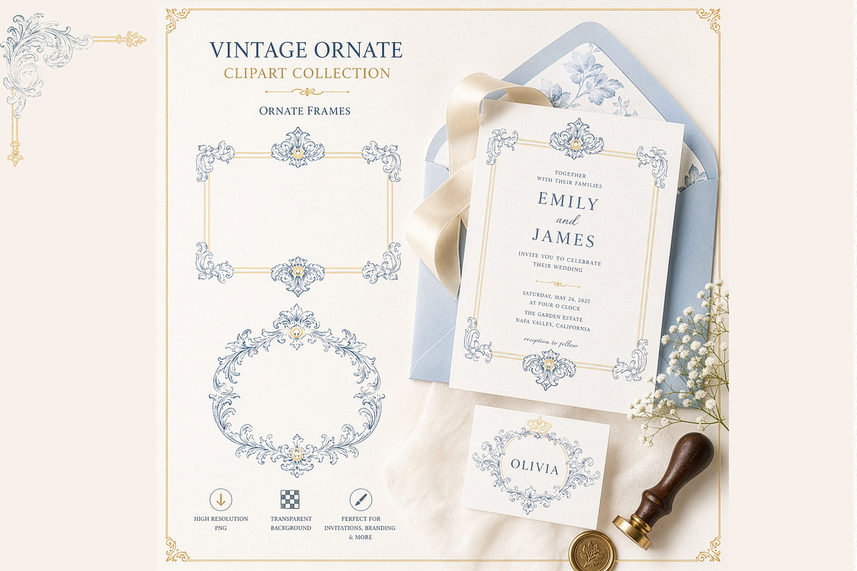 Blue&Gold Baroque Wedding Set, a Decorative Illustration by AlenaVlasko stock Market (Photo 2 of 9)