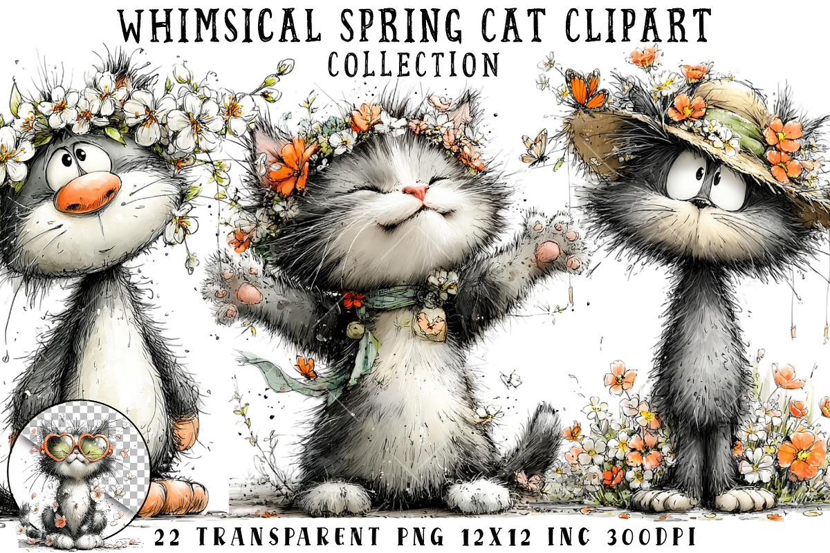 Whimsical Spring Cat Clipart, an Illustration by OK Design (Photo 1 of 6)