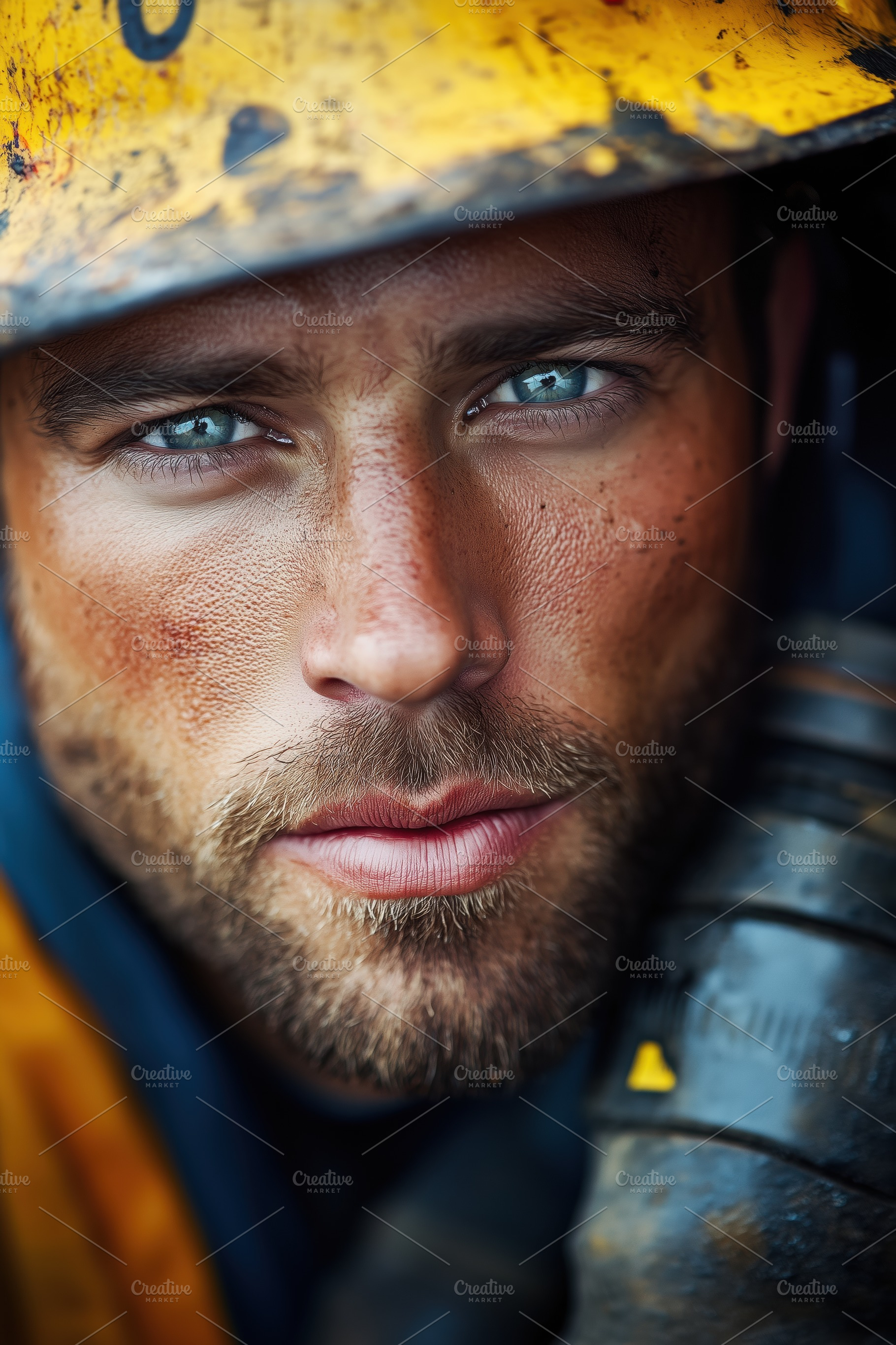 A close-up portrait of a rugged man well testing operator with striking blue ey, a Person Photo by Textures & Backgrounds