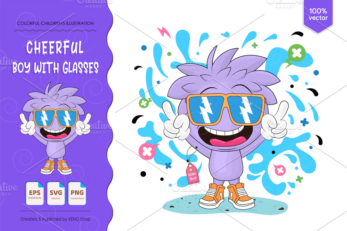Cheerful boy with glasses. Tshirt., a Person Illustration by KENO Mascots (Photo 1 of 3)