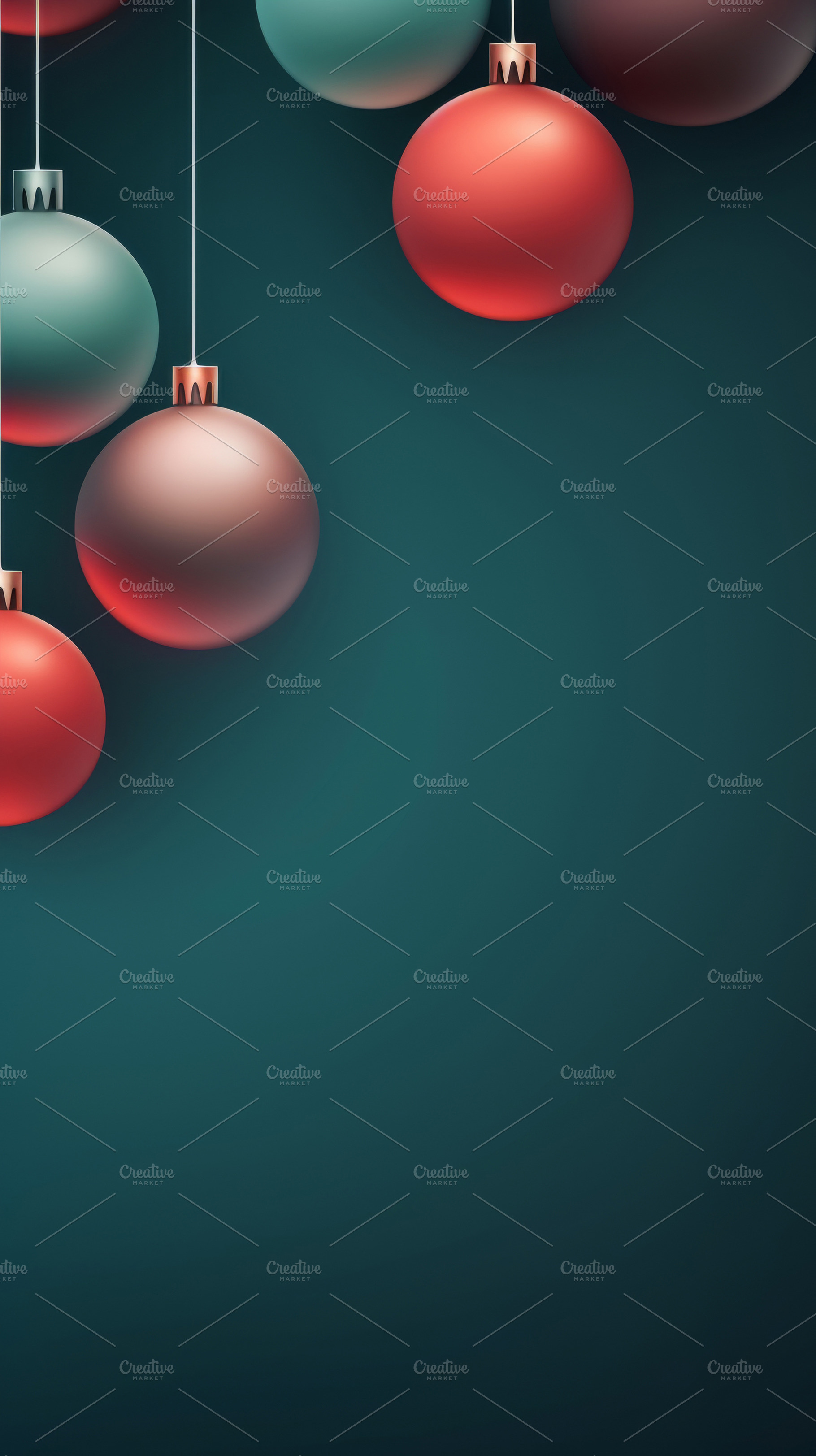 Christmas red and green matte ornaments on teal green background, a Photo by Dvoevnore photos