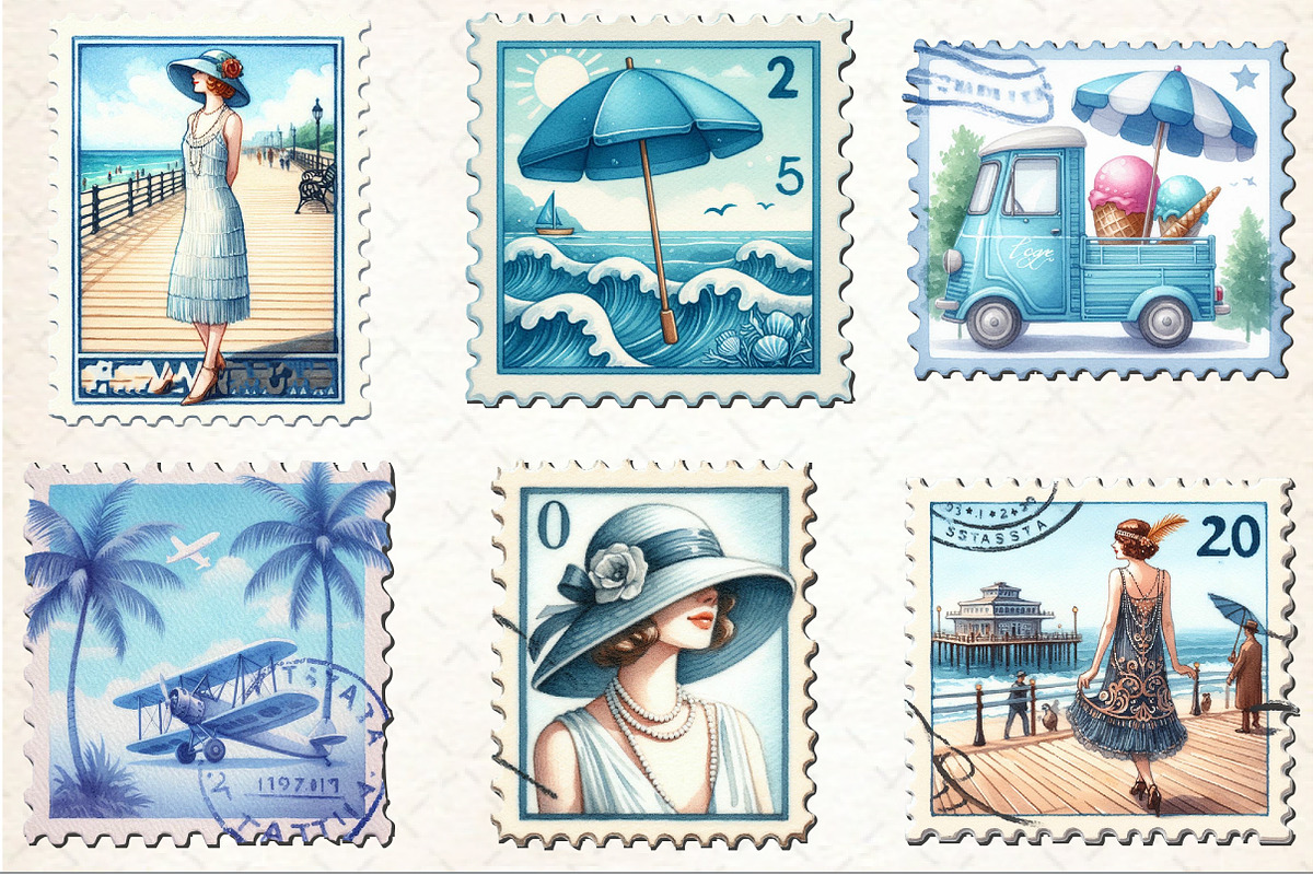Blue Summer 1920 Postage Stamps Clip, an Illustration by Rose Art (Photo 3 of 3)