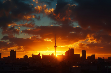A breathtaking sunset casts a warm g, a Photo by Tanuart